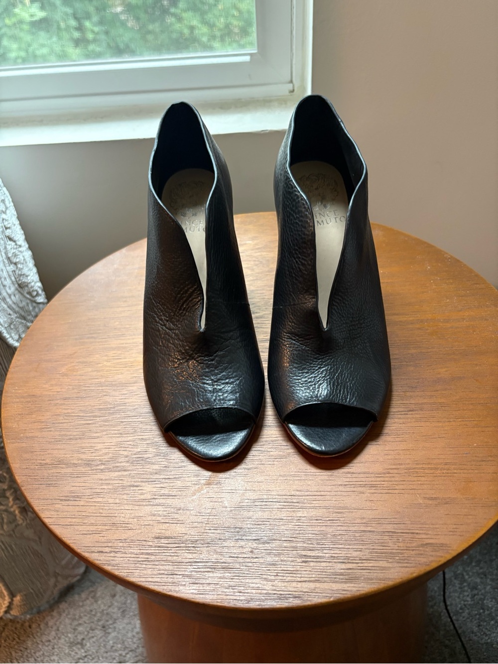 Vince Camuto “Andrita” Plunge Cut Black Leather Peep-Toe Booties
